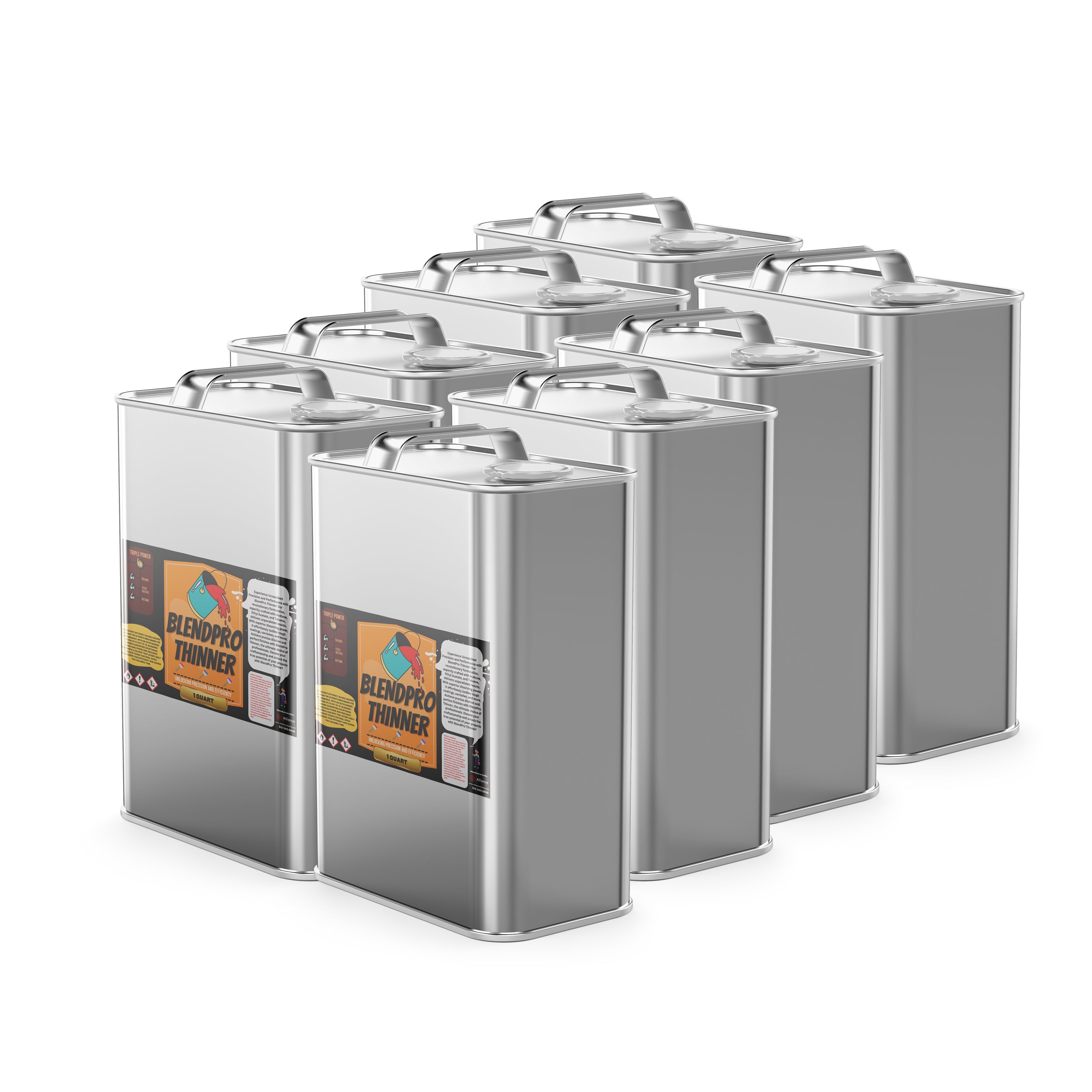 8x1-quart BendPro Professional Paint Thinner in silver metal F-style cans with safety labels, hazard warnings and sealed handles.